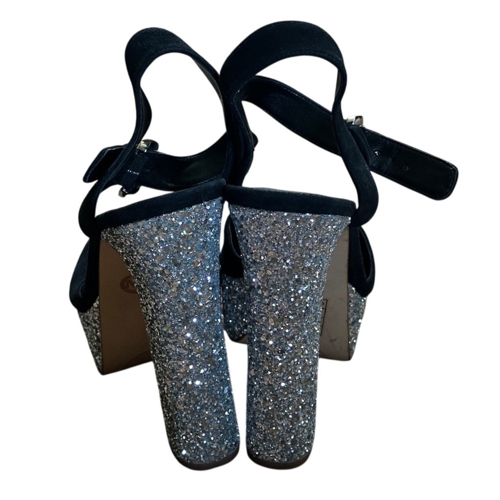Michael Kors Black Suede Silver Glitter Platform Block Heel Sandals Women's 9 - Picture 4 of 5